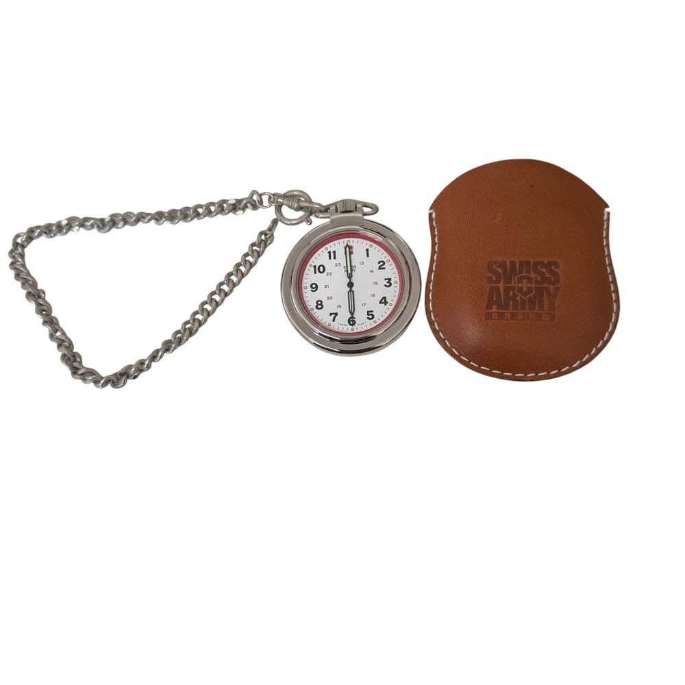 Vintage Swiss Army Pocket Watch with Leather Pouch and Chain White Dial Germany